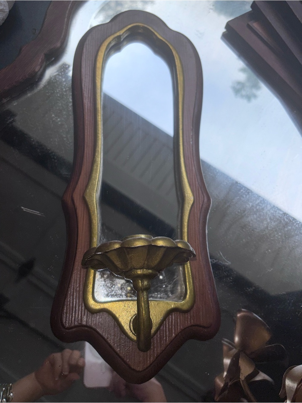 Wood and Brass Wall Mirror Sconce - Brown and Gold